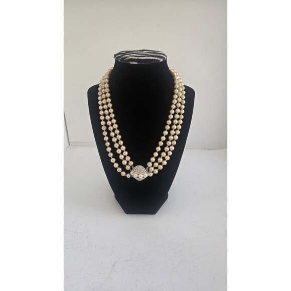 Vintage Marbella 3-Strand Glass Faux Pearl Necklace with Clear Rhinestone Clasp - Picture 11 of 12